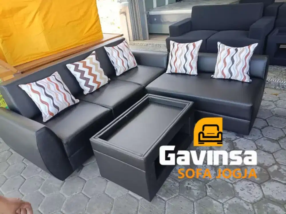 Premium Sofa L Putus ,,, Paket Hemat 1 set Meja , Bahan Oscar Hitam