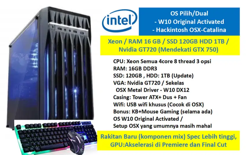 CPU rakitan Hackintosh W10 Xeon SSD HDD Server Sekolah Studio Kerja