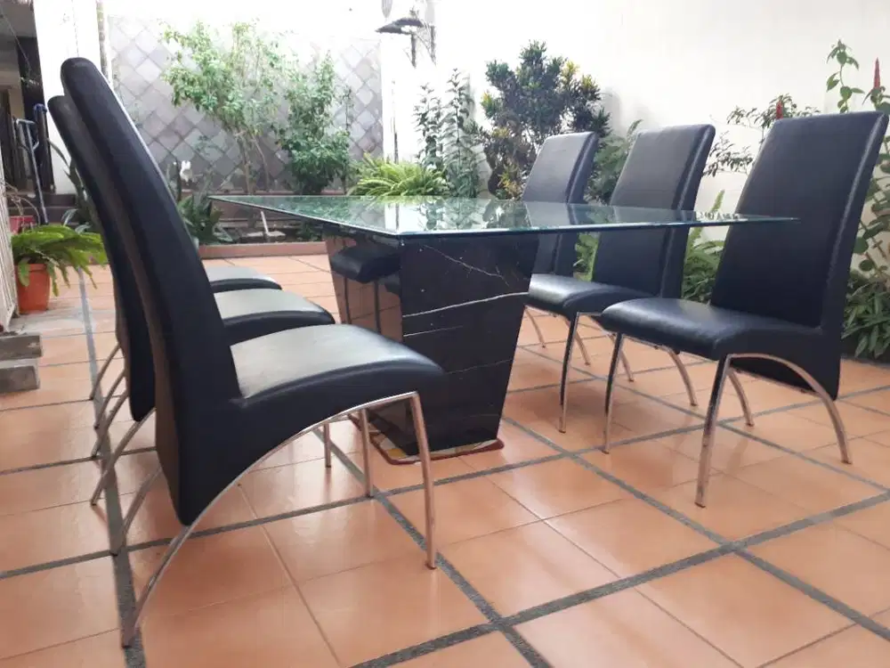 Dining Table Italian Marble & Glass Top + 6 Luxury Dining Chair (A506)