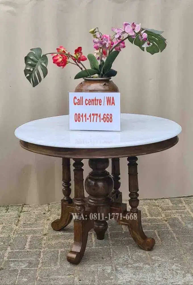 Meja marmer bulat diameter 100cm kaki kayu jati
