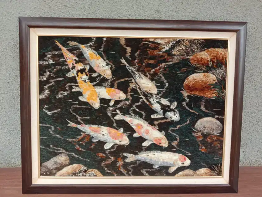 Lukisan kanvas Bulu Ayam 9 Ikan Koi