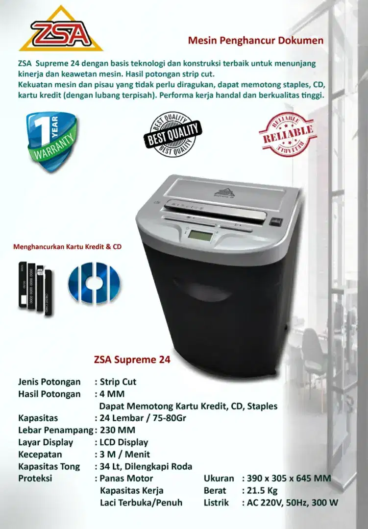 Mesin Penghancur Kertas Paper Shredder ZSA Supreme 17 &amp; 24