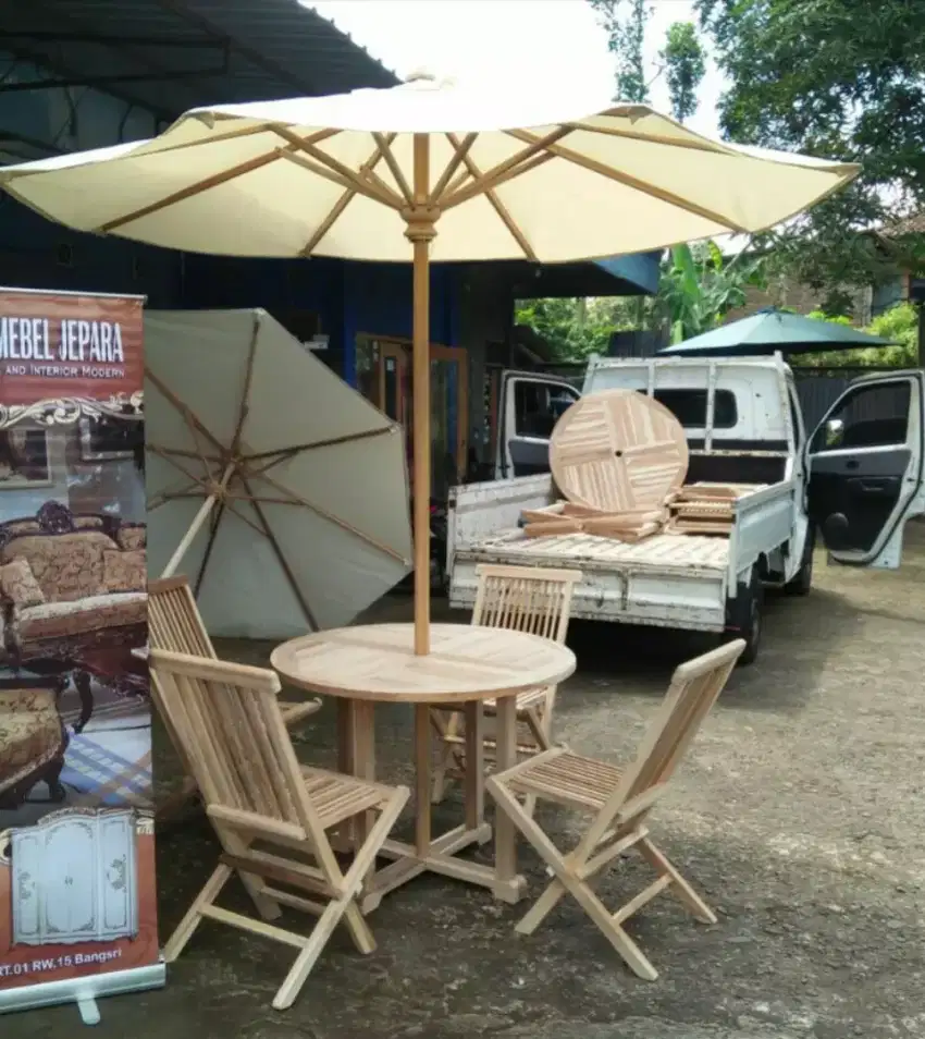 Meja cafe outdoor,meja payung,meja taman jati,kursi lipat,kursi cafe