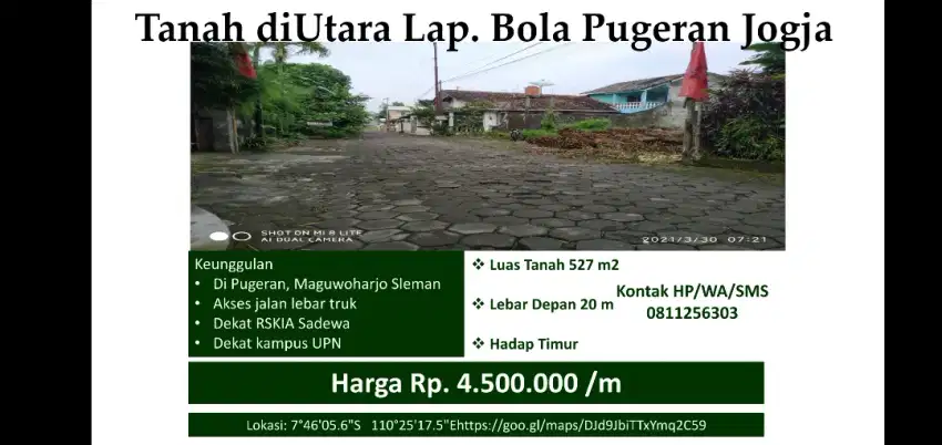 Tanah 50 m di Utara Foot Ball Park Pugeran 277 m2 dan 250 m2 sebelahan