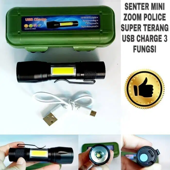 Senter Mini Zoom SWAT Police XPE + LED Samping Sangat Terang Recharge