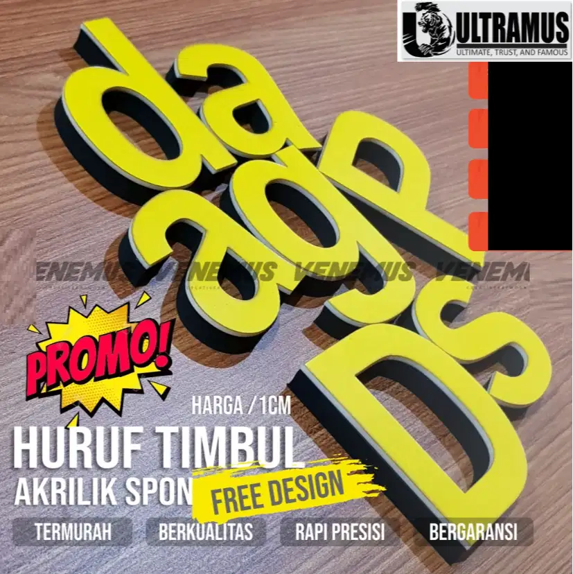 HURUF TIMBUL / ANGKA / LOGO TIMBUL Akrilik 2mm + Spon ati 10mm