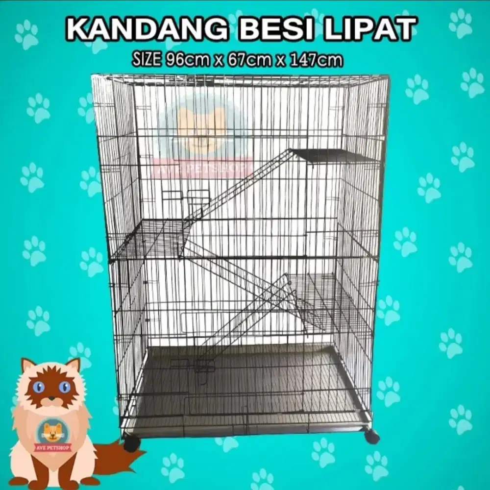 Kandang Kucing Lipat Tingkat 3 Ukuran 96 cm x 67 cm x 147 cm (JUMBO)