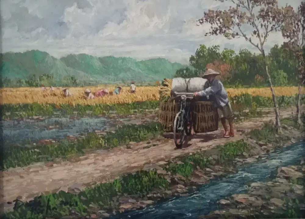 Lukisan Kanvas Sepeda bawa panen padi(PROMO AKHIR BULAN)