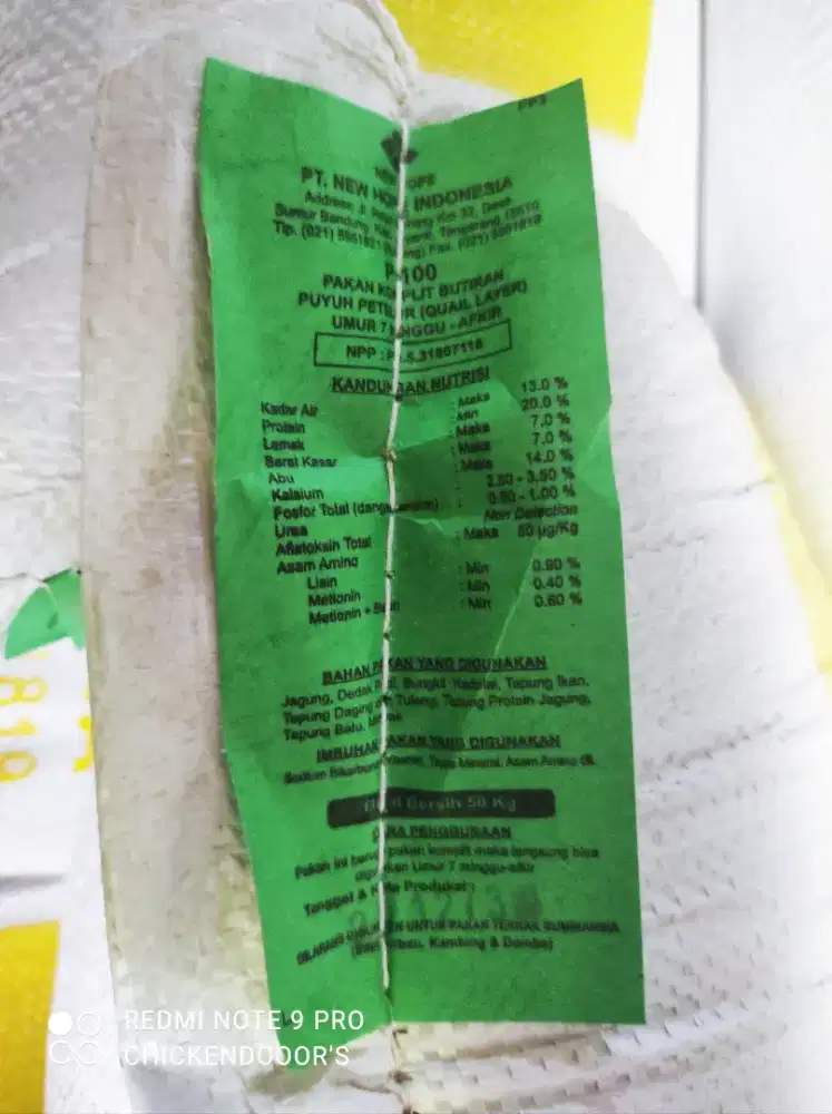 NEW HOPE P 100 P100 PUR PUYUH PETELOR PAKAN BURUNG GEMAK TELUR 50KG