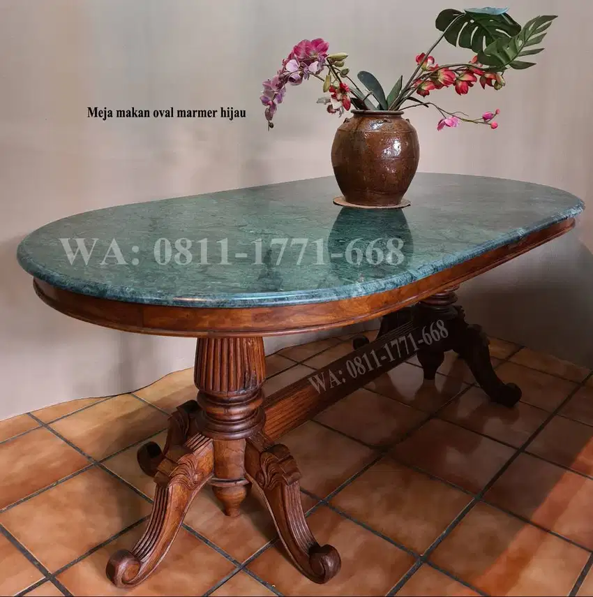 Meja oval marmer hijau langka 100x200cm