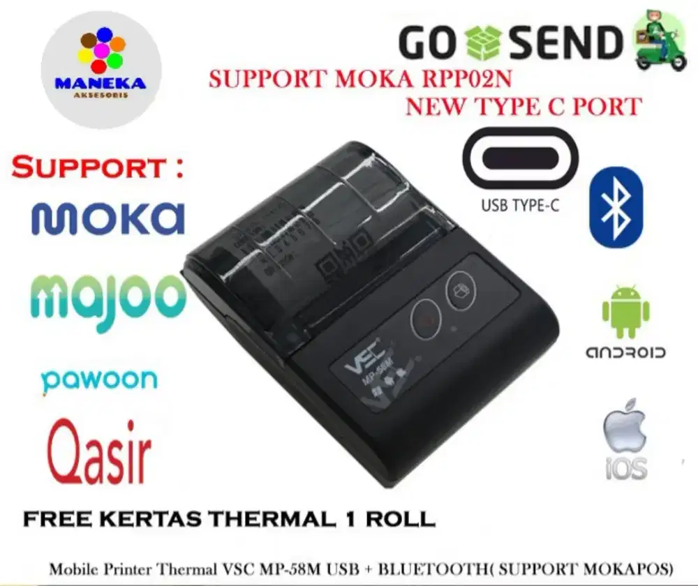 PRINTER BLUETOOTH THERMAL VSC MP-58M 58mm SUPPORT MOKA GOBIZ