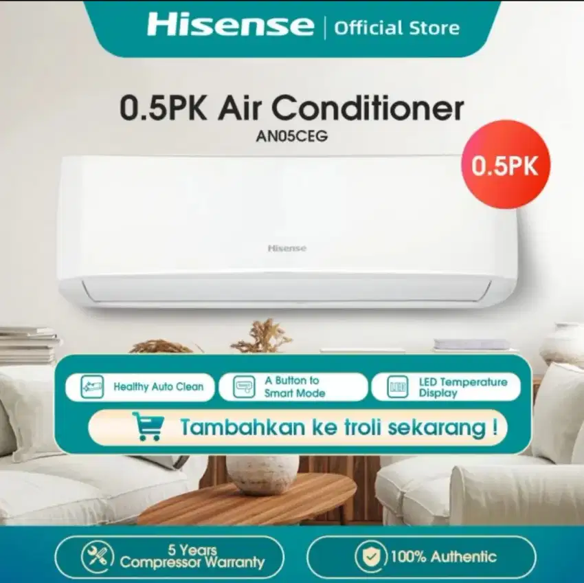 AC Hisense 1/2 Pk Indoor dan outdoor, hanya unit type Model:AN05CEG