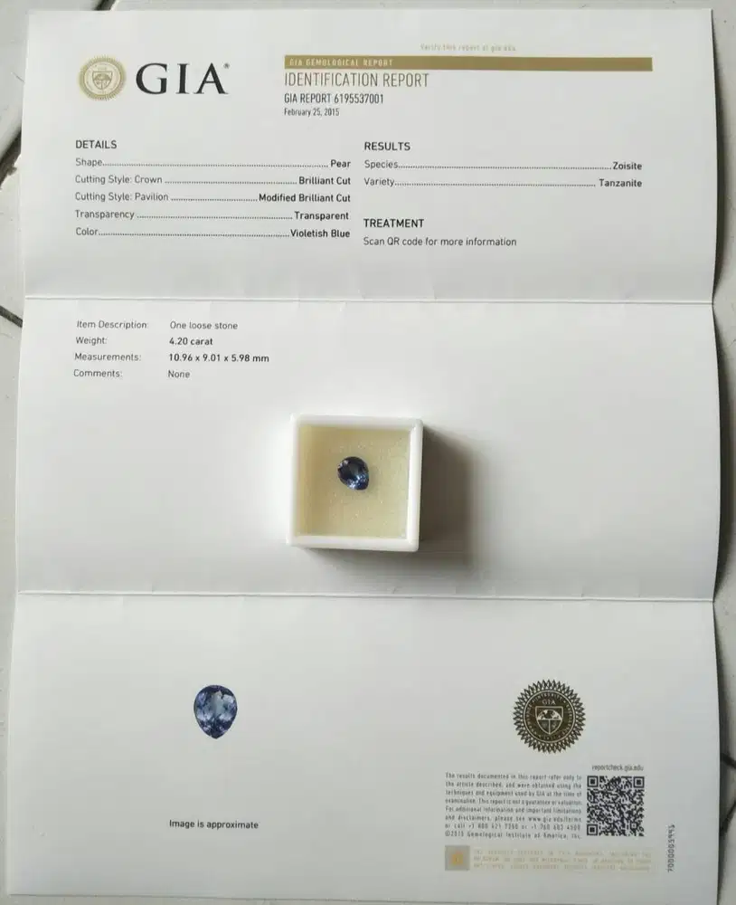 4.20 carat Natural Tanzanite bersertifikat GIA America