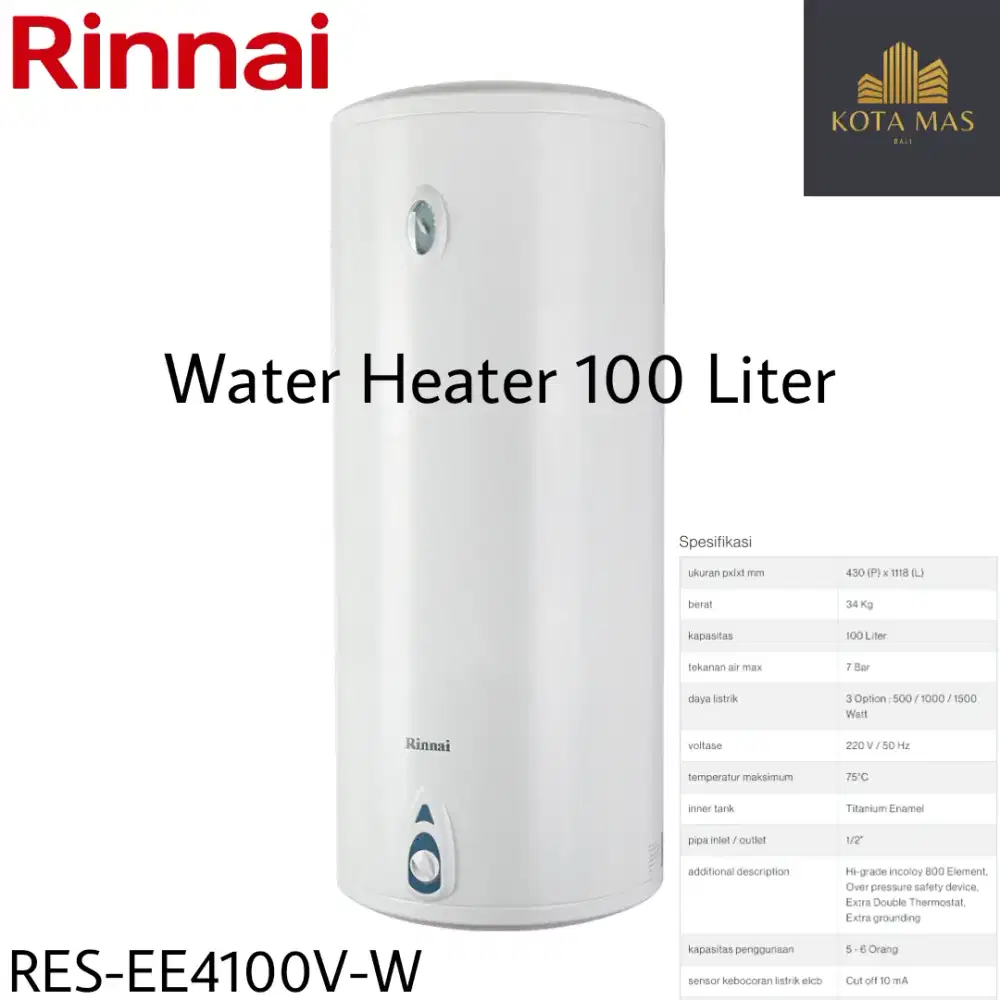 Electric Water Heater 100 Liter Rinnai Pemanas Air Listrik Elektrik