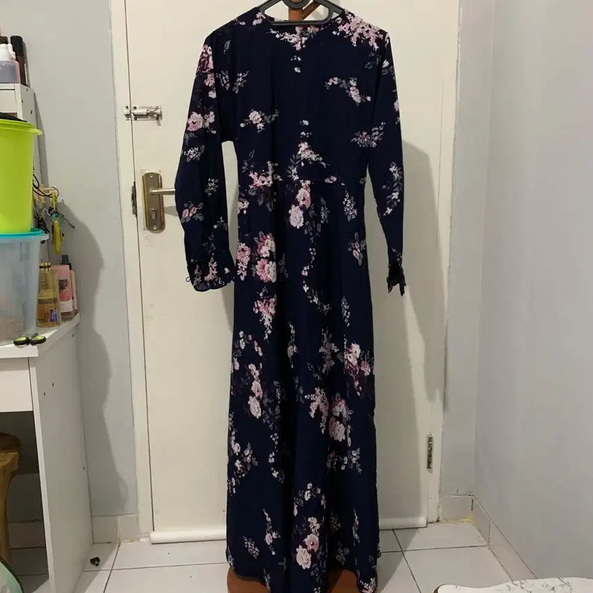 Gamis biru dongker baju wanita dress bunga high quality