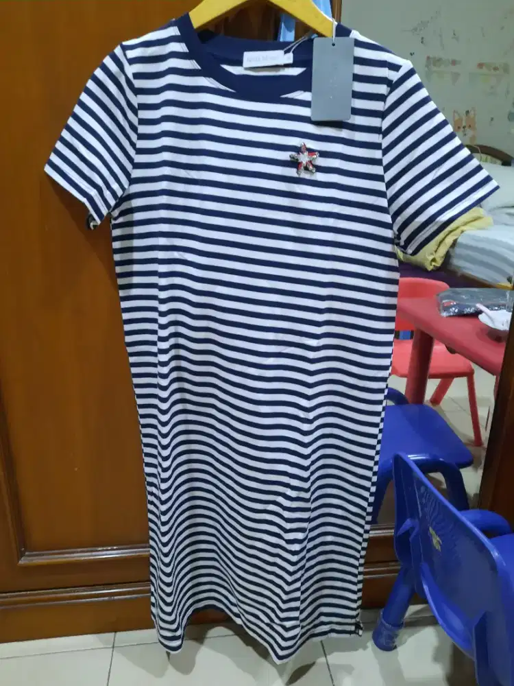 Dress baju premium warna biru garis