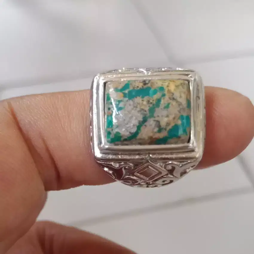 Natural Batu Cincin Pirus Persia Gambar Angka 7 Antik