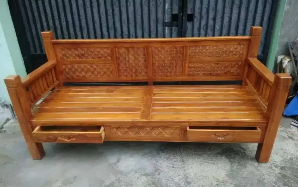 Kursi Bale-bale Kayu Jati Minimalis uk. 2 m Finishing Natural Jati