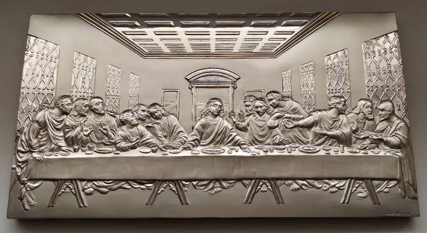 The Last Supper Plaque Sterling Silver on Mahogany Wood Plakat Perak