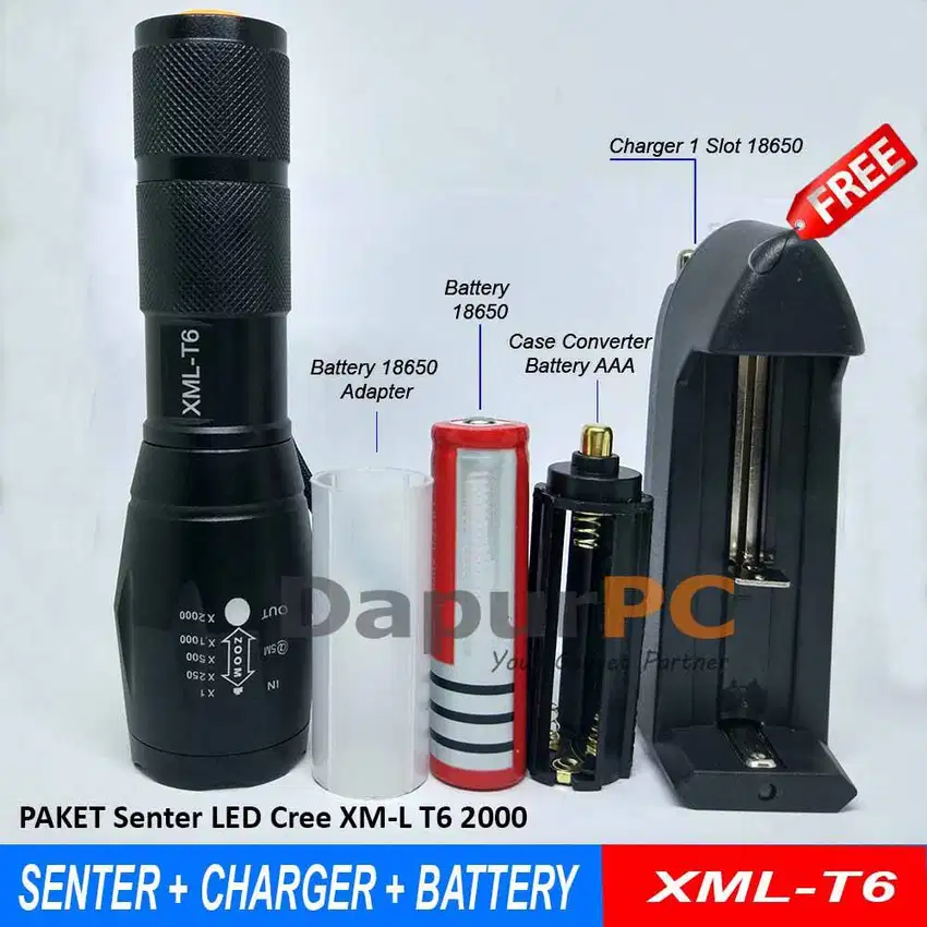 Paket Lengkap Senter LED Cree XM-L2 E17 2000 Lumen - #IRone
