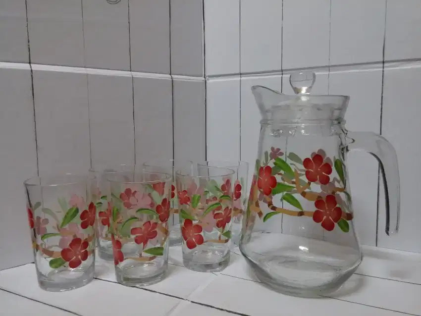 Drink set kaca kedaung bunga merah