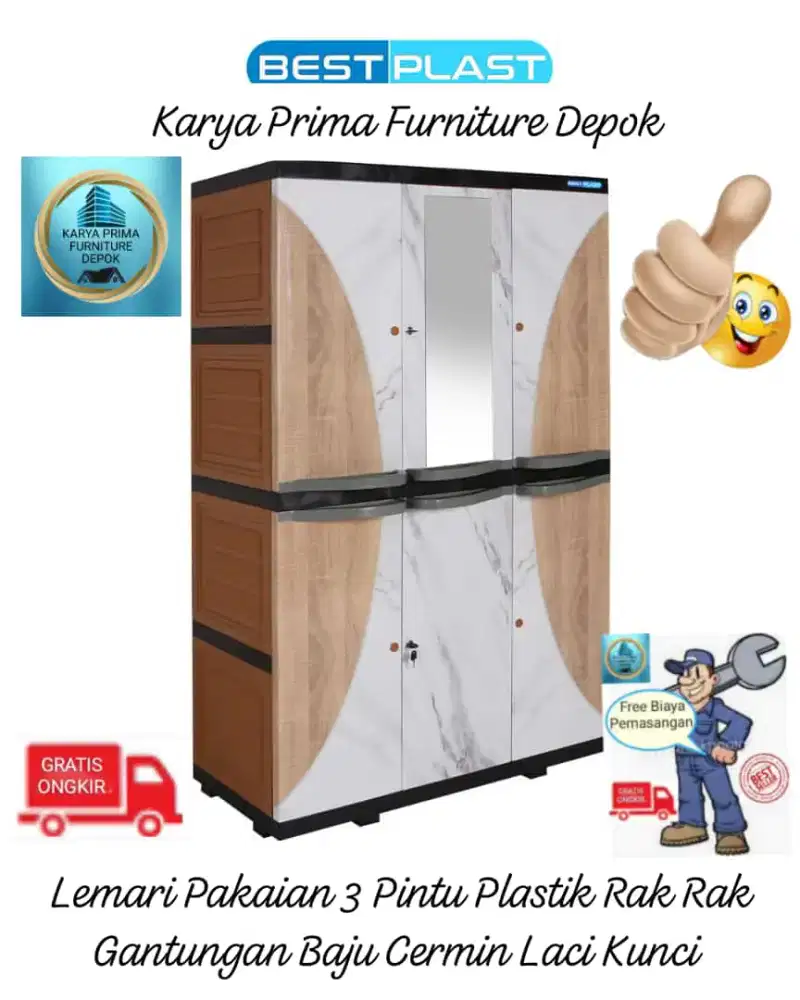 Lemari Pakaian 3 Pintu Plastik Rak Gantungan Baju Cermin Laci Kunci