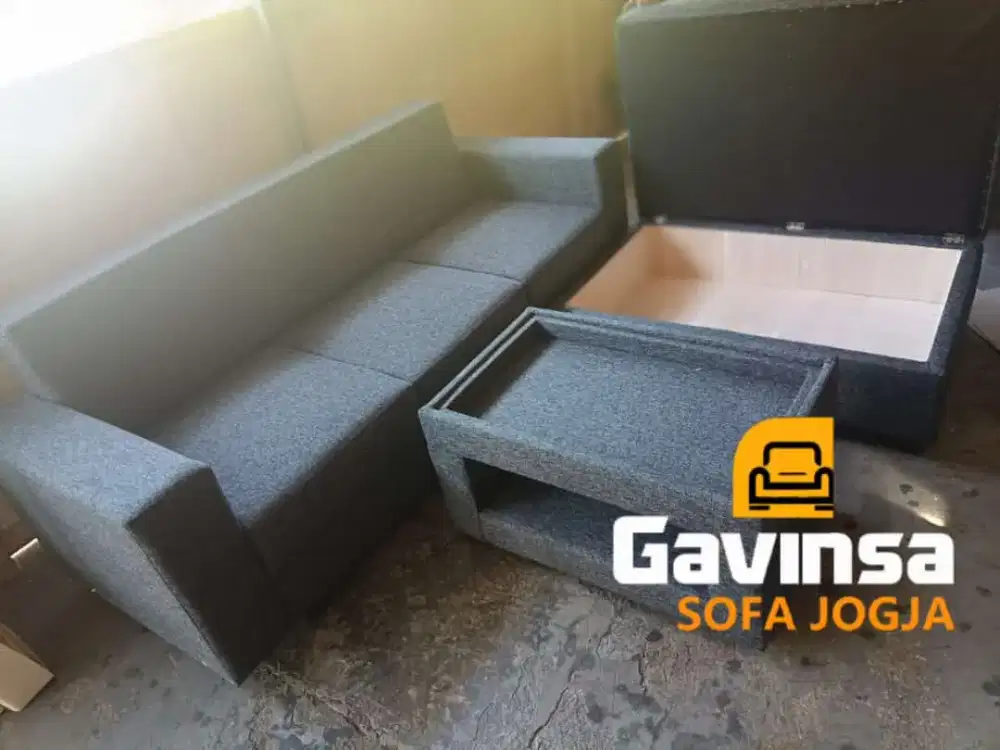 Premium Sofa L Putus Peti kemas Silver black, Bahan Canvas , GARANSI
