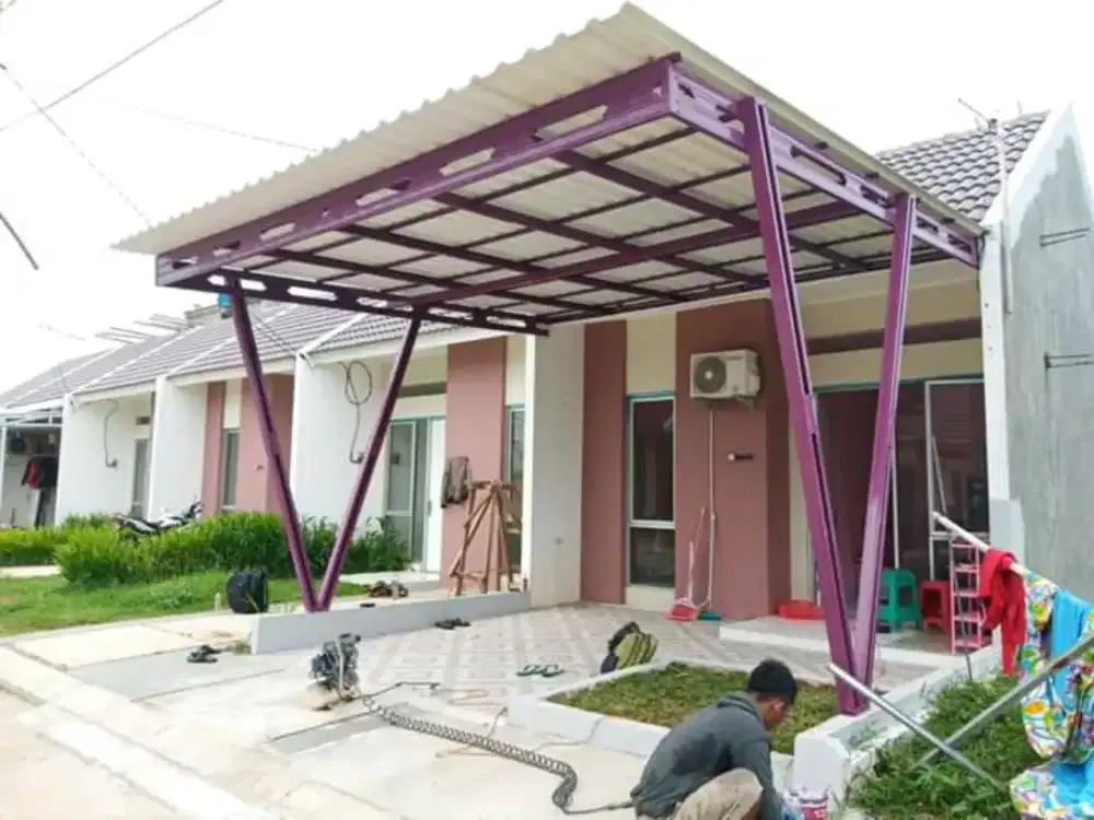 Pemasangan kanopi rumah rangka baja ringan atap spandek pasir