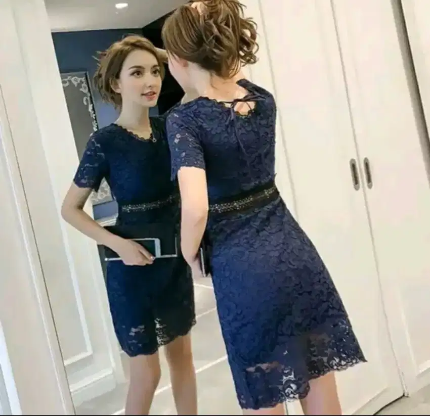 Dress Lace V-Neck Women Party Wedding Blue