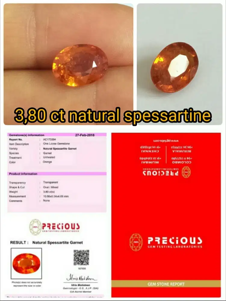 3,80 carat natural spessartine garnet sertifikat PGTL Thailand