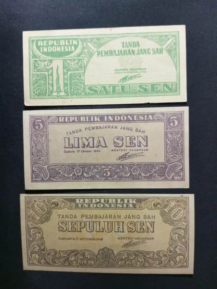 Uang kuno indonesia pertama set pecahan 1,5,10 sen tahun 1945