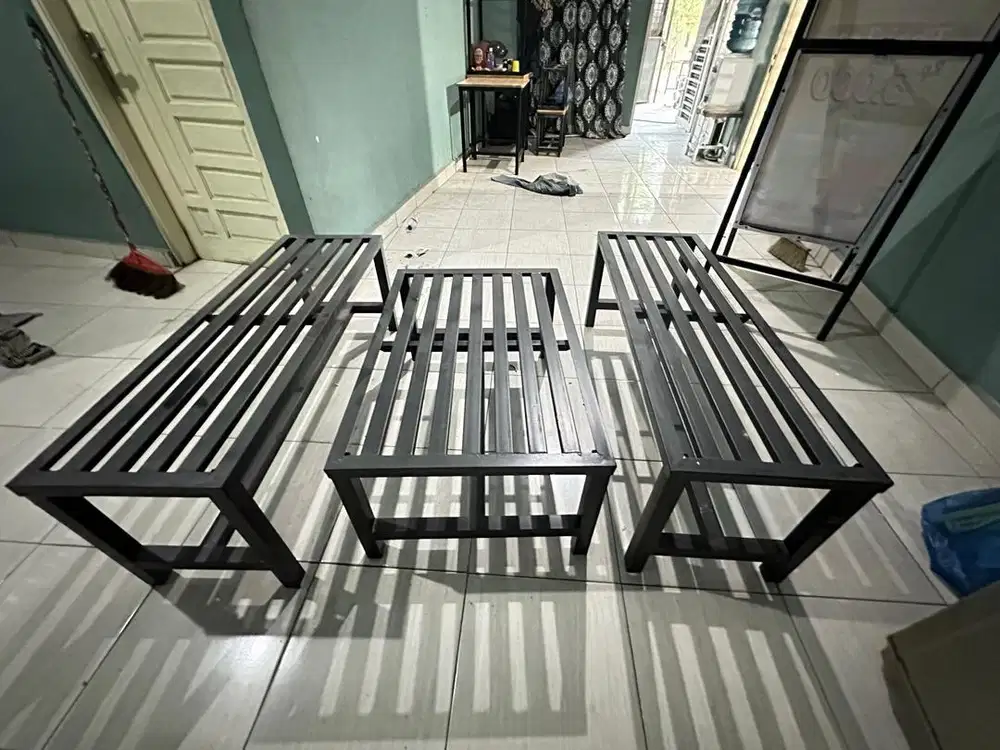 Meja + kursi panjang full besi cafe rumah makan