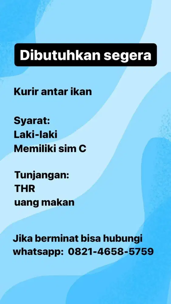 Dibutuhkan Segera Kurir Antar Ikan - Lowongan - 914968052