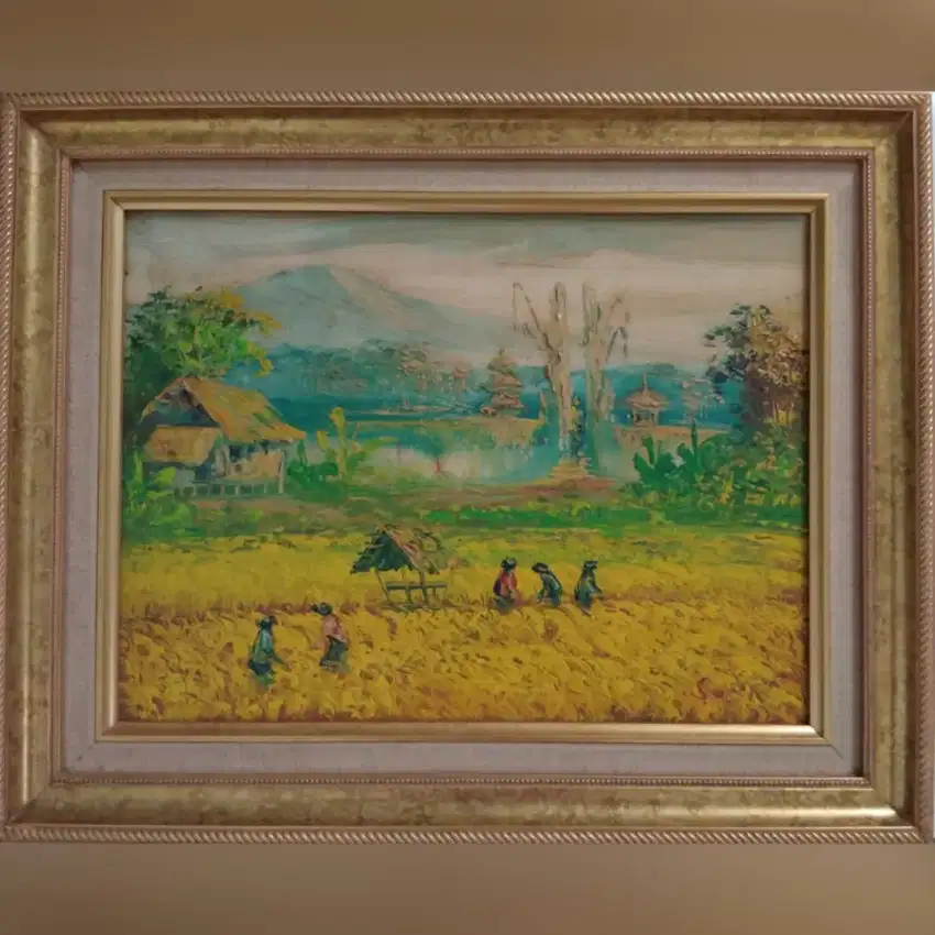 Hiasan dinding gambar sawah panen padi