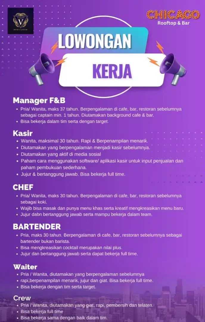 Di butuhkan manager fnb, kasir, koki, bartender, waiter, crew