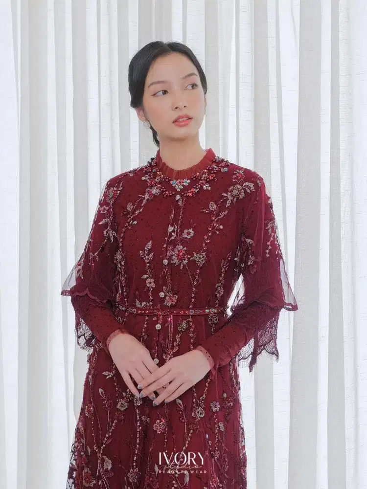 JUAL RUGI DRESS LEBARAN IVORY READY TO WEAR JUBILE #2  MAROON SIZE XXL