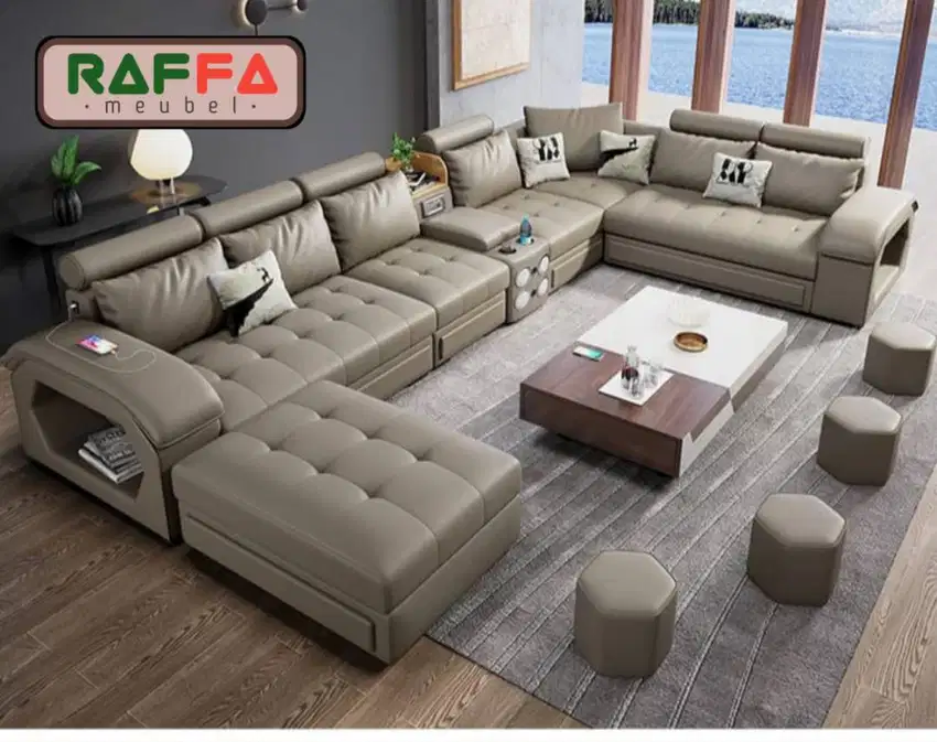 SOFA U KULIT RUANG TAMU - SOFA BERANAK BERKUALITAS - SOFA MODEREN