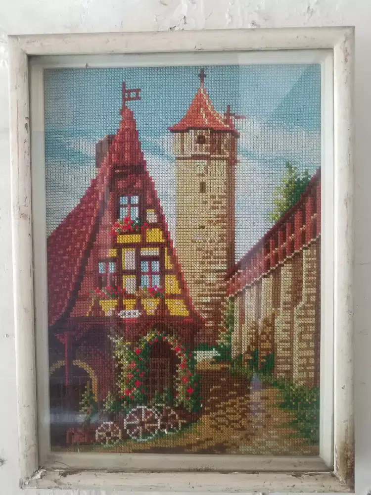 Lukisan RAJUT STRISTIK House and brigde  Eropa CANTIK