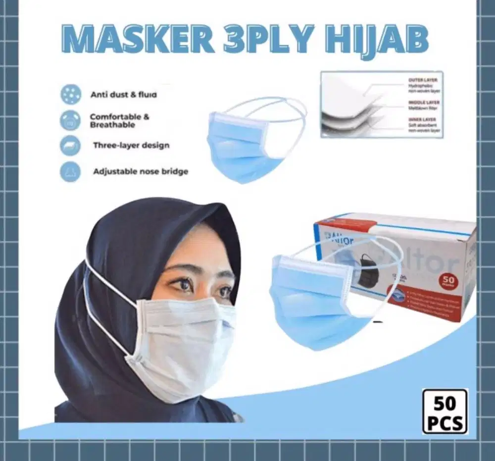 Masker hijab headloop 3Ply 1 kotak isi 50pcs, kode PA
