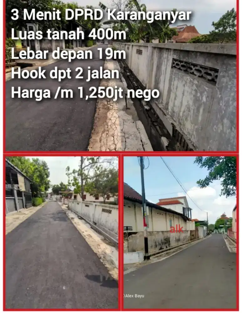 Jual tanah sudah ada pagar tembok luas 400m hrg 1,250/mtr nego