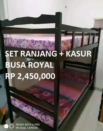 set ranjang tingkat kayu + kasur busa royal garansi 10 thn berbagai mo