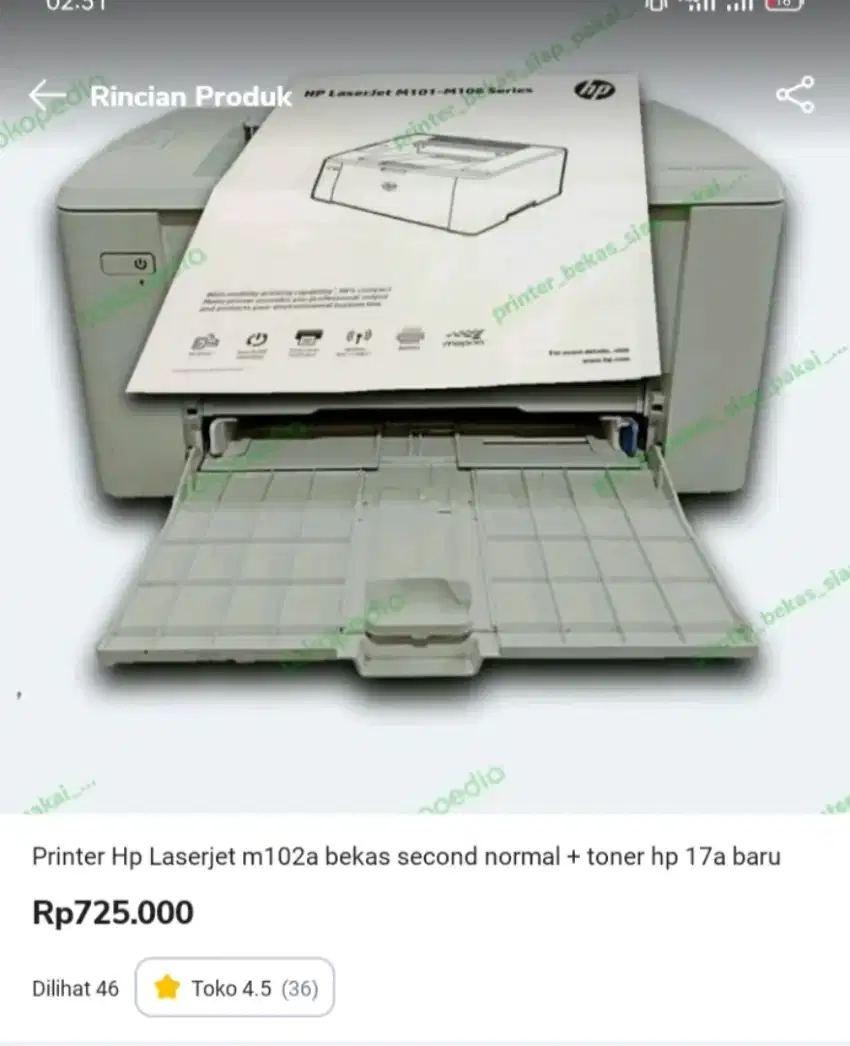 Printer bekas hp LaserJet  m102a lengkap normal siap pakai