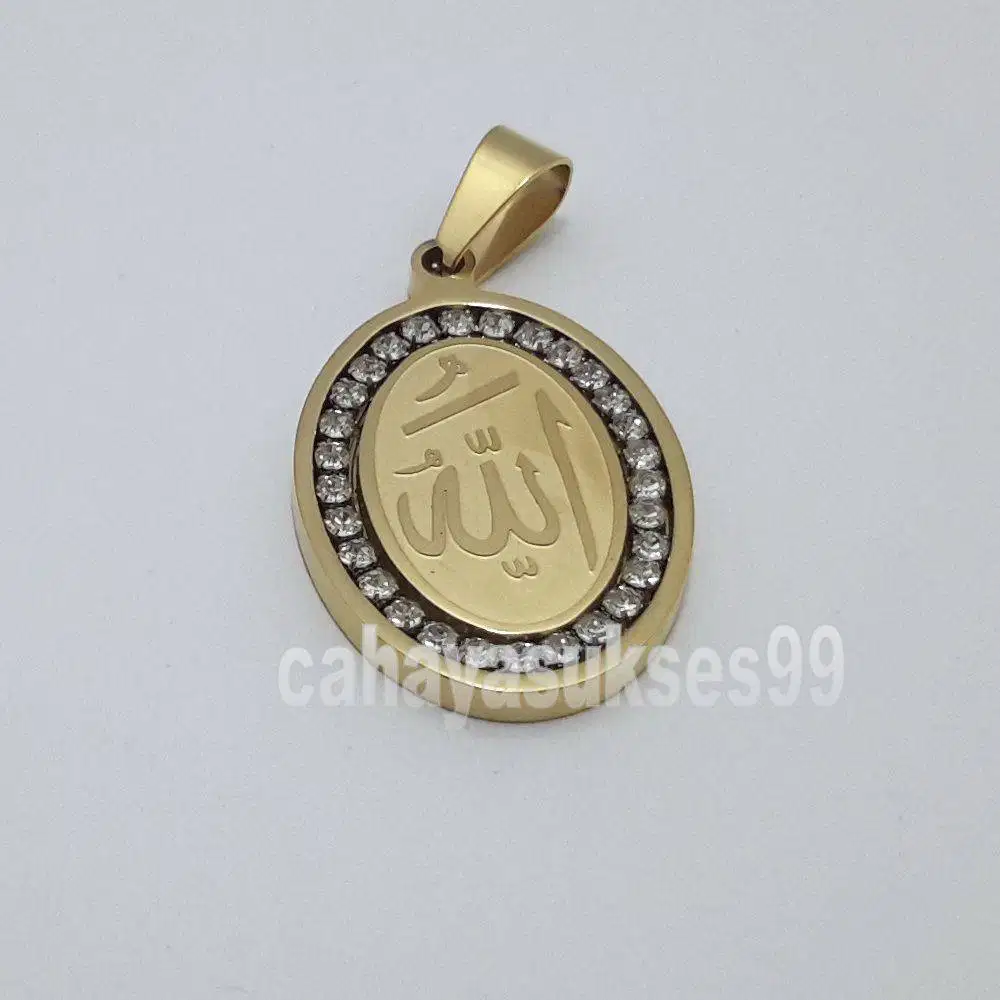 Liontin Titanium Stainless Gold Diamond Allah Kaligrafi 3cm Oval LAGD3