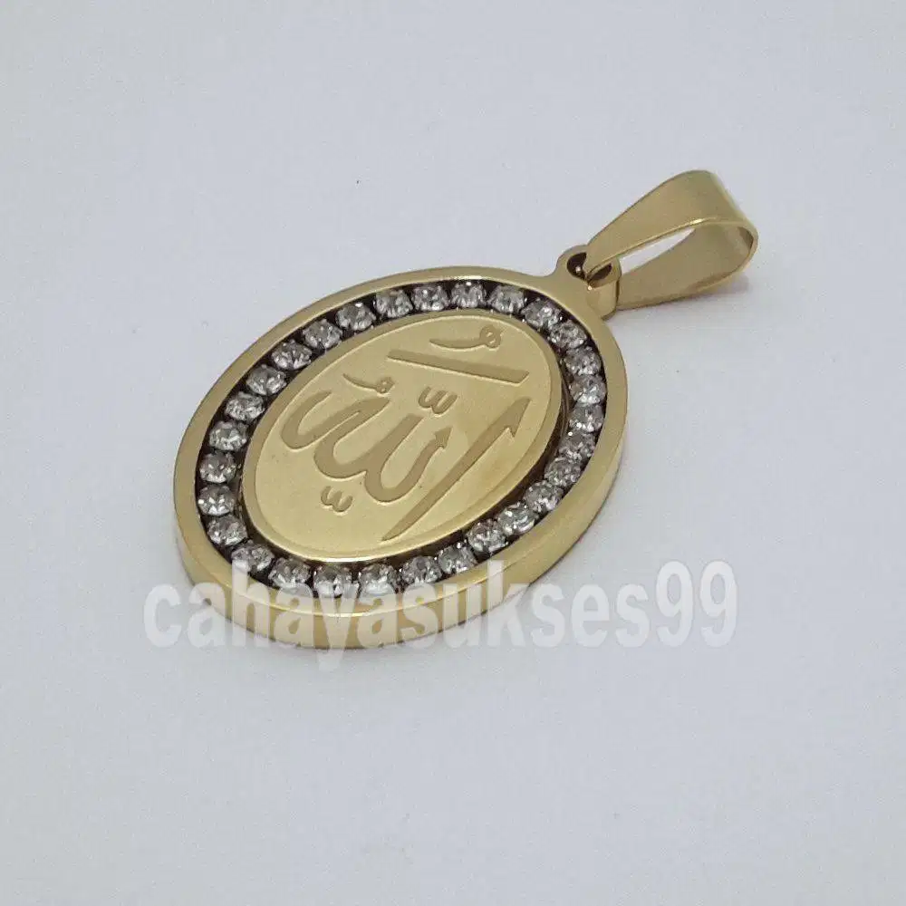 Liontin Titanium Stainless Gold Diamond Allah Kaligrafi 3cm Oval LAGD3
