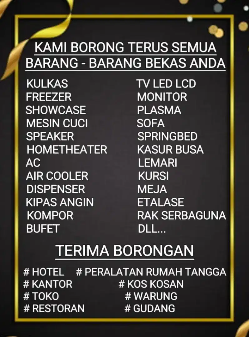 Kami Borong Teru Barkas Kulkas Freezer TV AC Sofa Springbed Dll