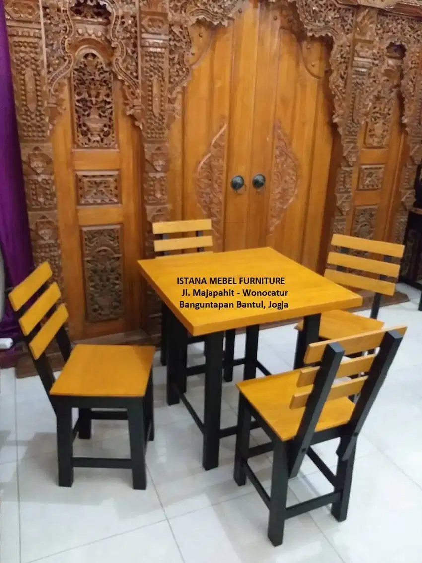 Paket Set Meja Makan 4 Kursi Sandaran Cafe Warung Rumah Makan Kayu #SG