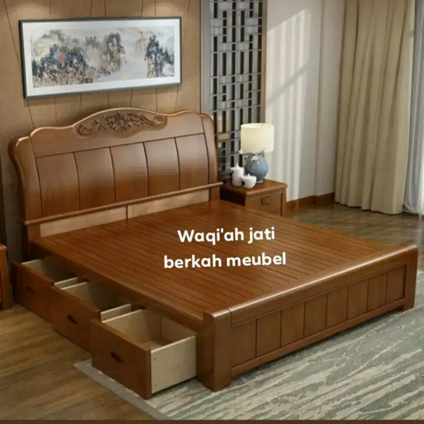 Tempat tidur minimalis modern laci 3,160x200, kayu jati tua