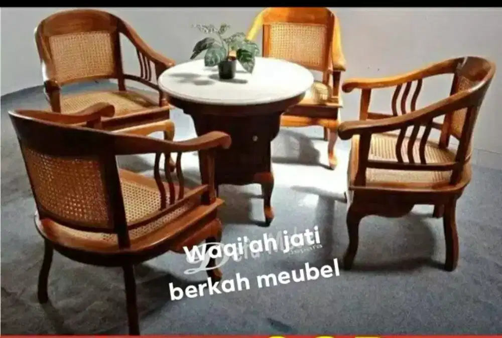 Kursi teras tamu betawi Lenong rotan meja marmer k 4, kayu jati tua