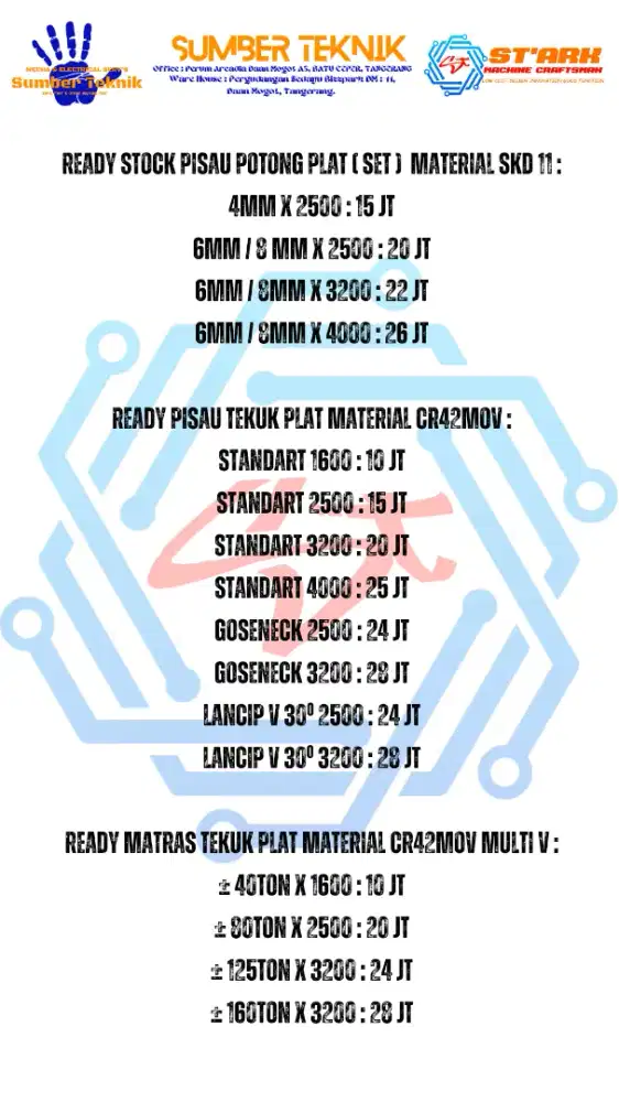 Pisau tekuk plat,matras tekuk cr42mov, pisau potong plat SKD11.Ready