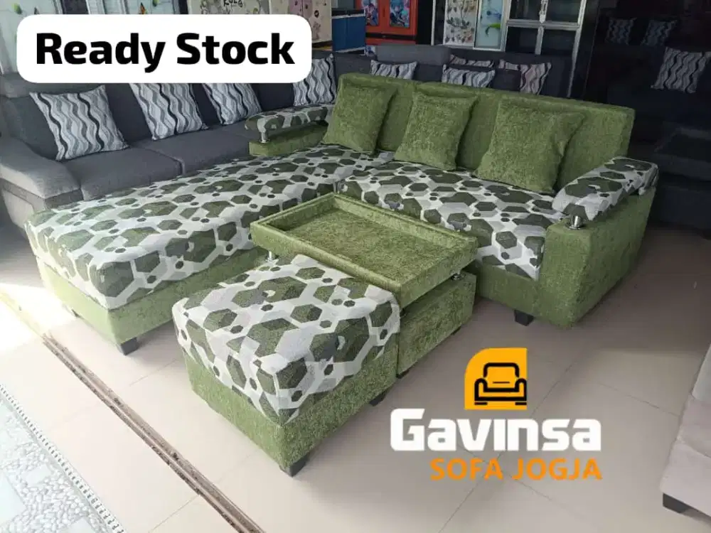 Paket Promo Sofa L Putus Meja dan Puff Bahan Motif hijau